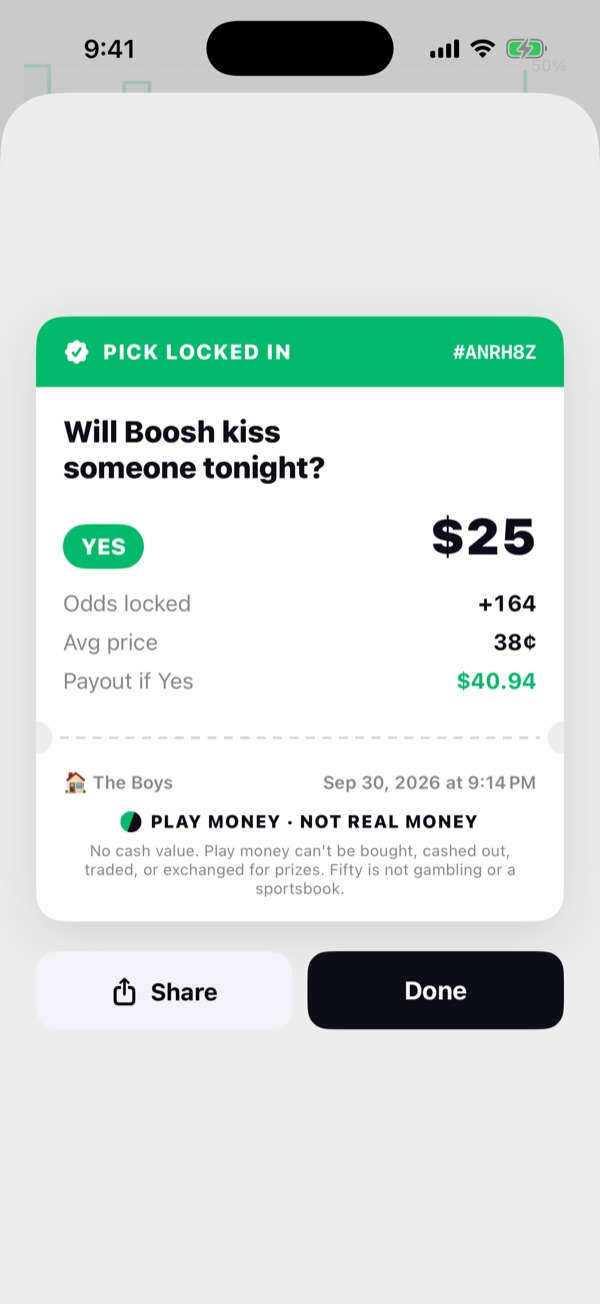 Every pick gets a ticket marked Play money, not real money.
