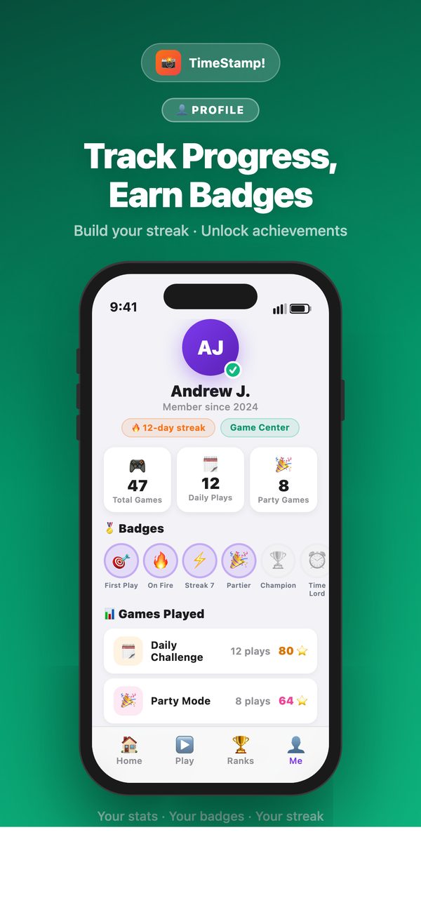 Profile screen with streaks, badges, and games played.